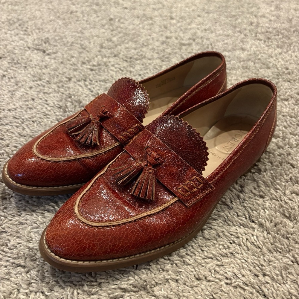 J.Crew Biella Crackled Italian Leather Tassel Loafer Shoes Women's Size 7.5 RED